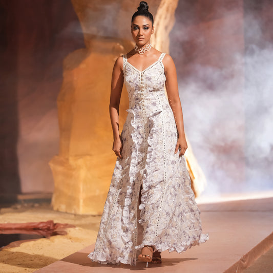 SLEEVELESS TIE-DYE MIRROR WORK GOWN