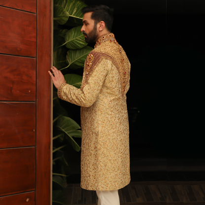 Premium Jamawar Gold Sherwani with Jewel and stone Embellishment
