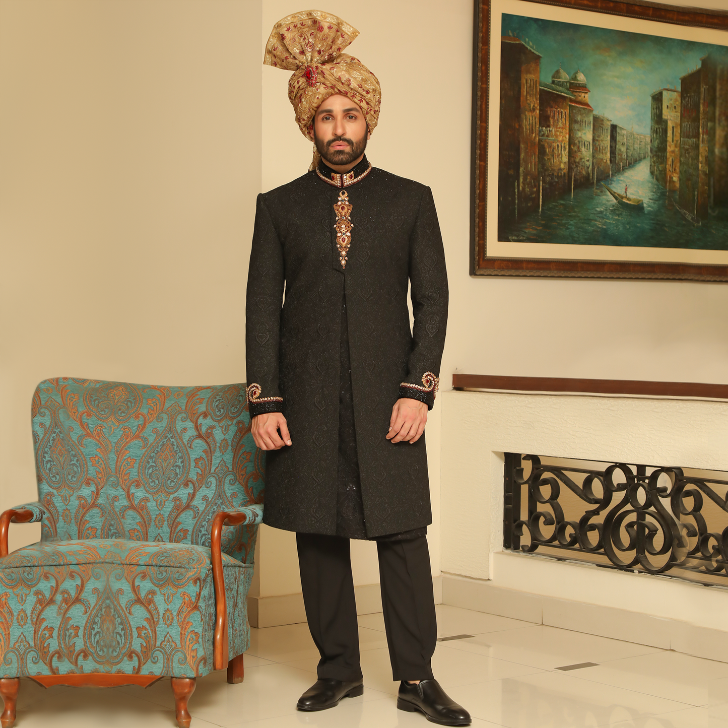 Premium Tilla Textured Black Sherwani