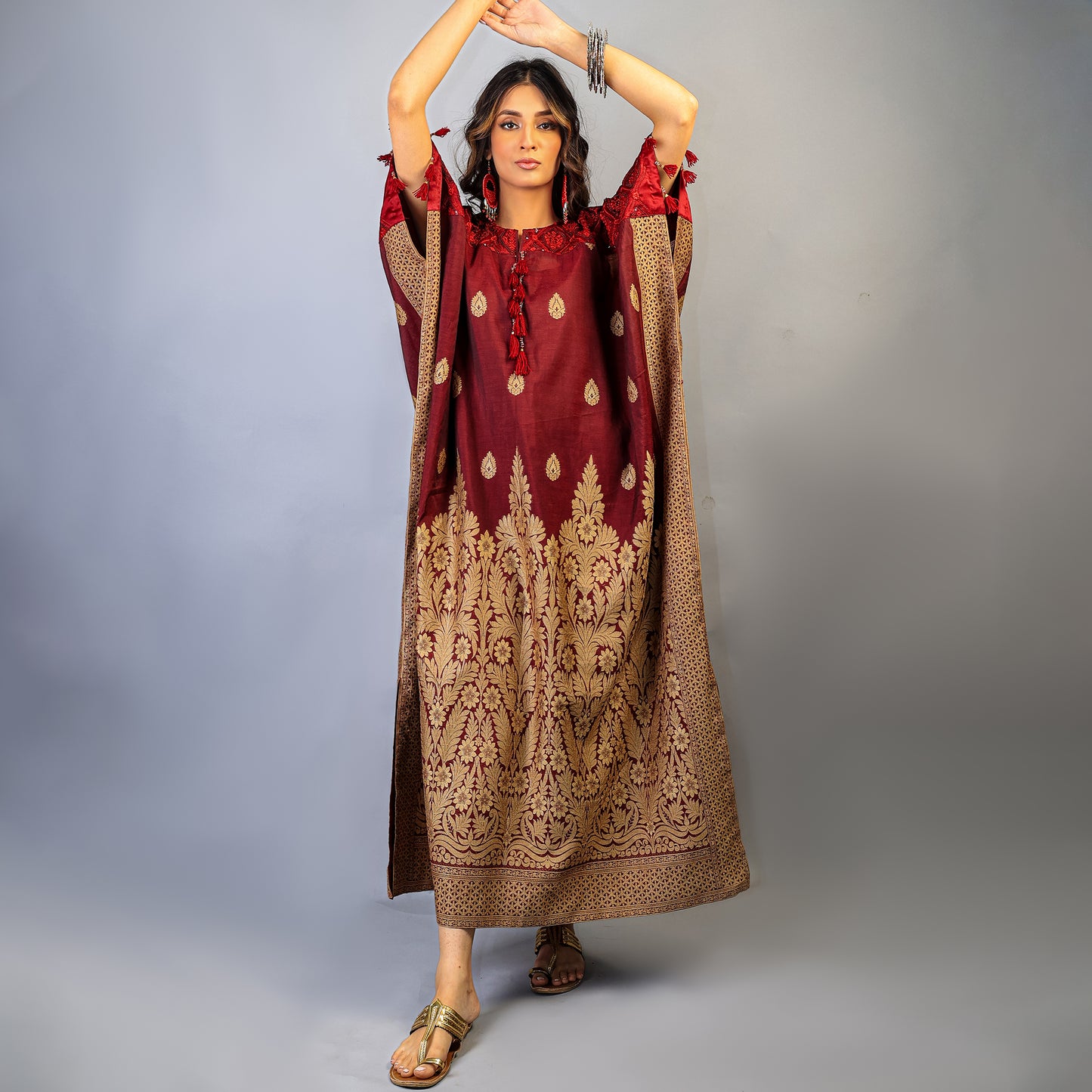 TRIBAL COTTON MAROON LONG KAFTAN