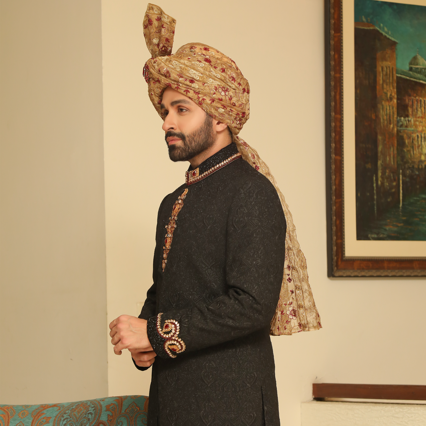 Premium Tilla Textured Black Sherwani