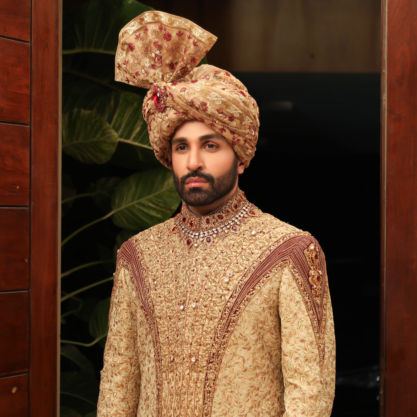 Premium Jamawar Gold Sherwani with Jewel and stone Embellishment
