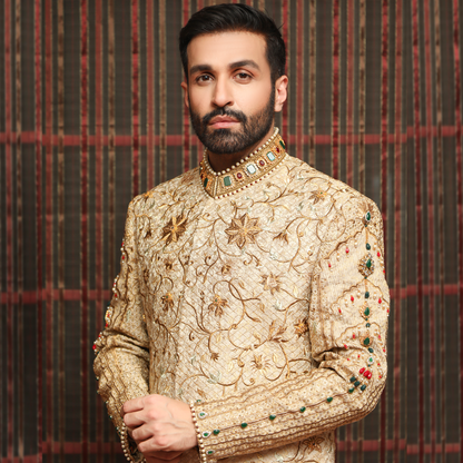 Premium Jamawar Light Gold Sherwani with Jewel and Stone work