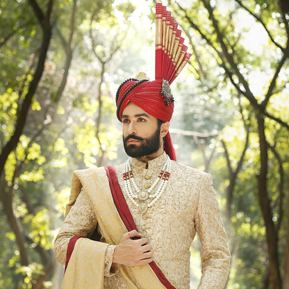 Premium Embroidered Golden Flame Sherwani