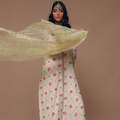 CHIKANKARI BEIGE CHIFFON 3 PC SUIT