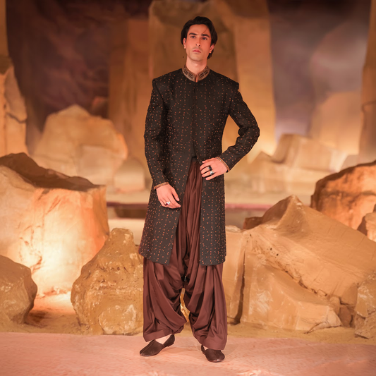 Black Satin Hand-Embroidered Sherwani with Brown Accents