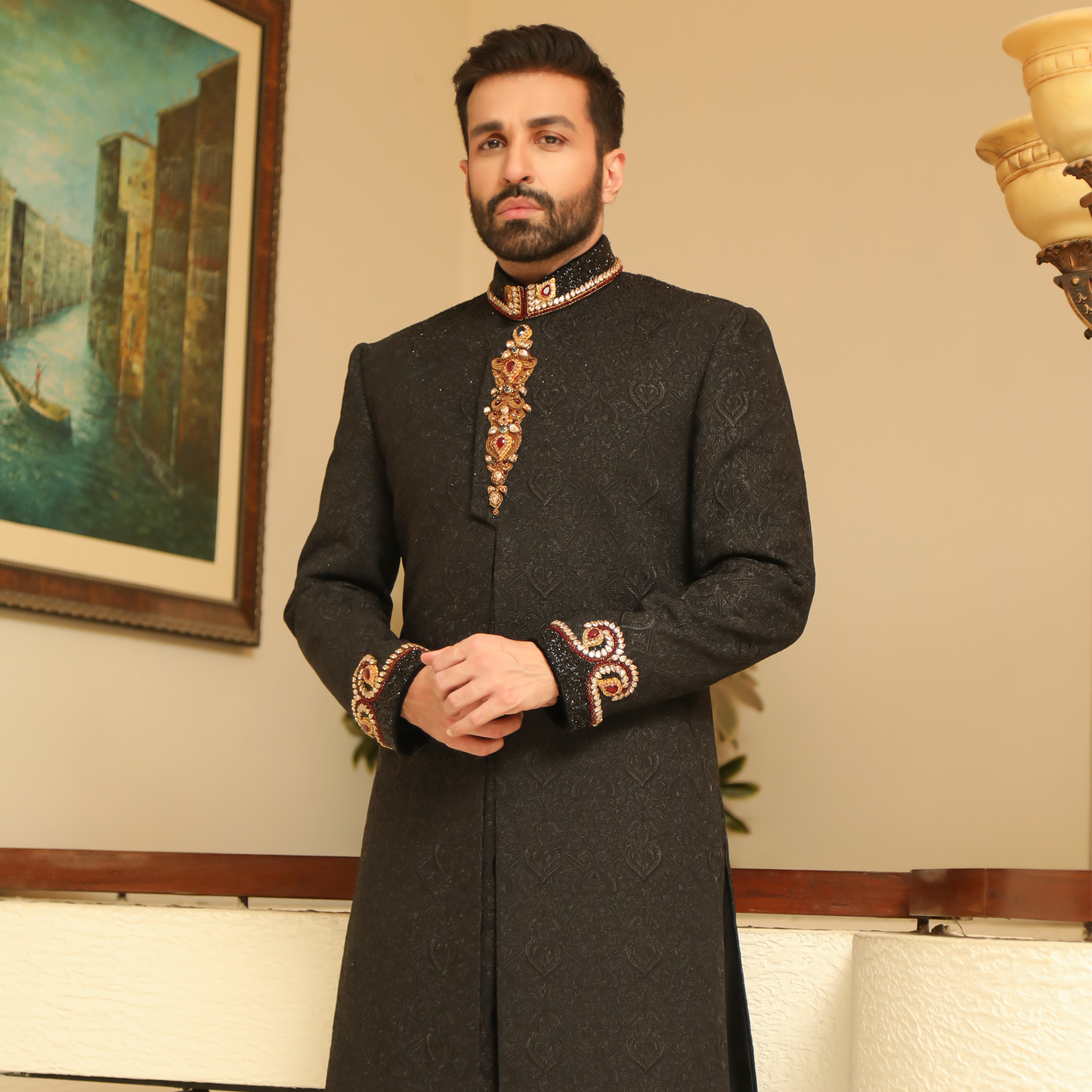 Premium Tilla Textured Black Sherwani