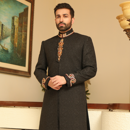Premium Tilla Textured Black Sherwani