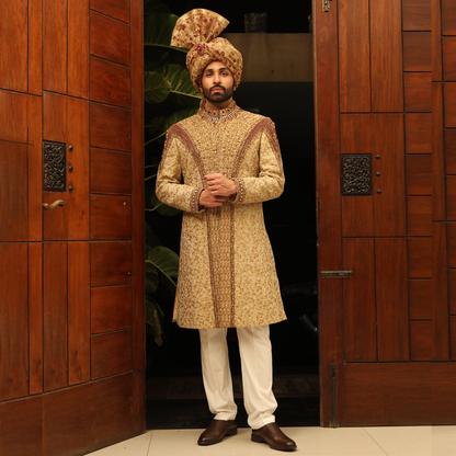 Premium Jamawar Gold Sherwani with Jewel and stone Embellishment