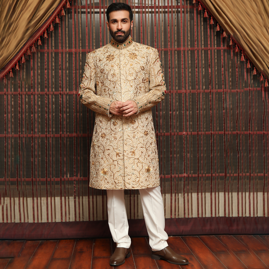 Premium Jamawar Light Gold Sherwani with Jewel and Stone work