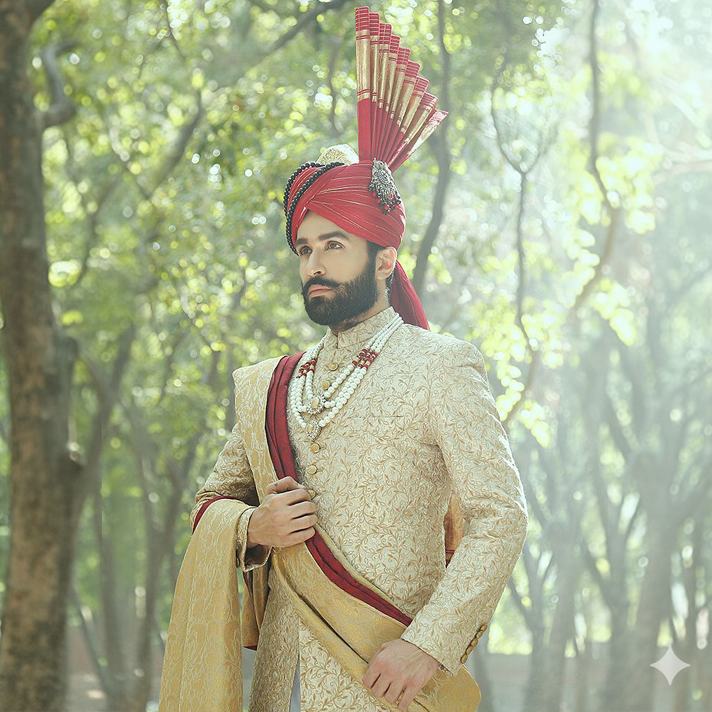 Premium Embroidered Golden Flame Sherwani