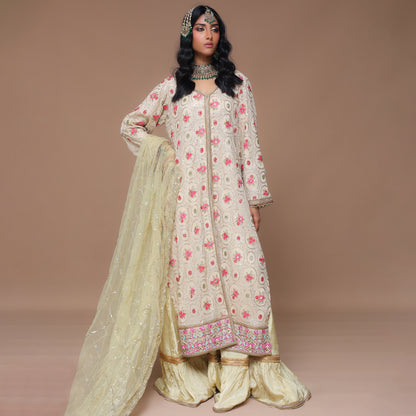 CHIKANKARI BEIGE CHIFFON 3 PC SUIT