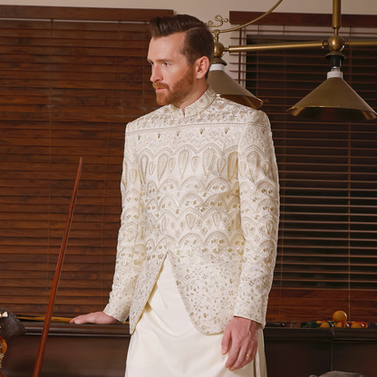 Premium Satin Off White Traditional Jacket