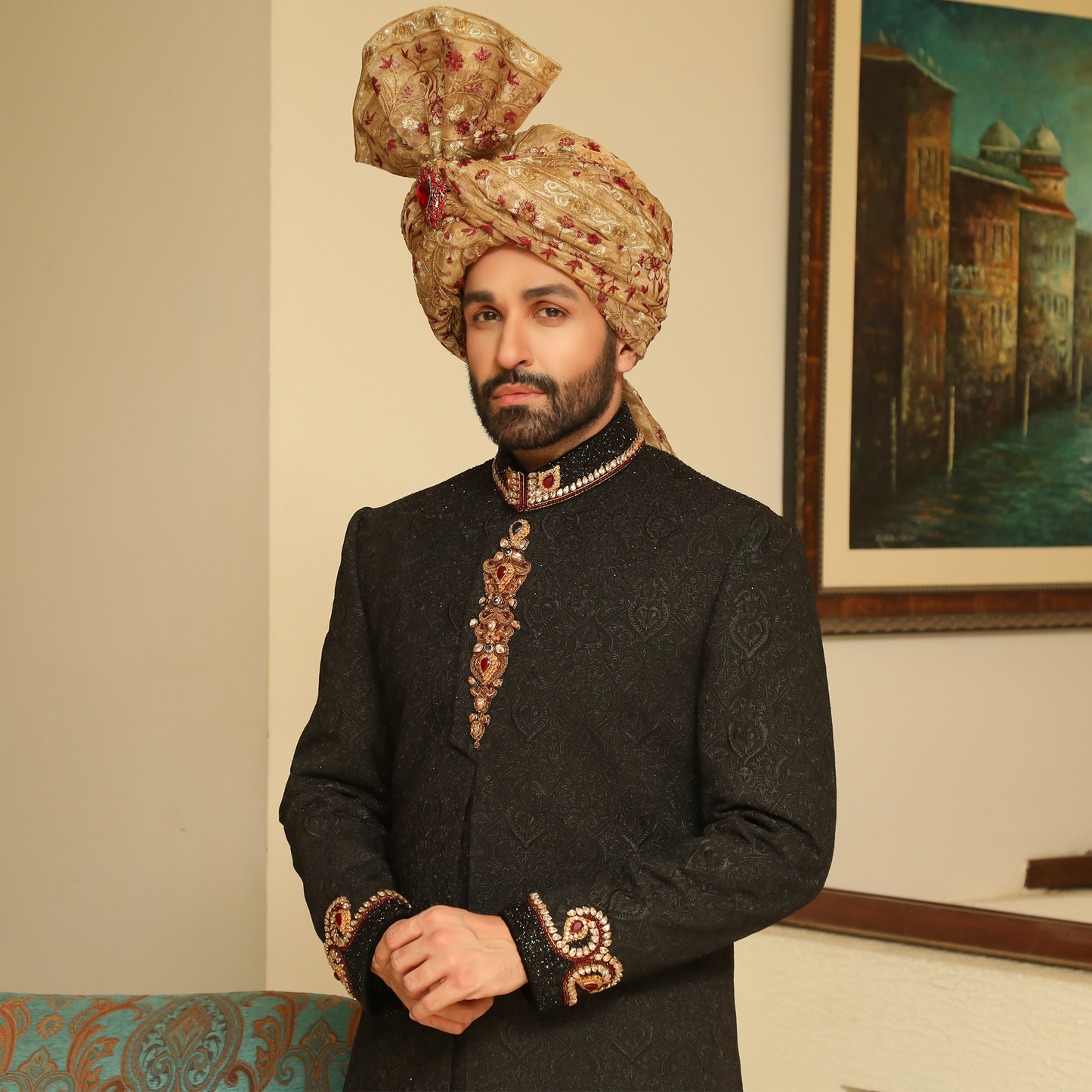 Premium Tilla Textured Black Sherwani