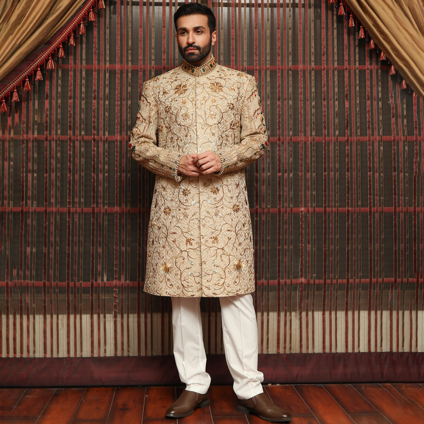 Premium Jamawar Light Gold Sherwani with Jewel and Stone work