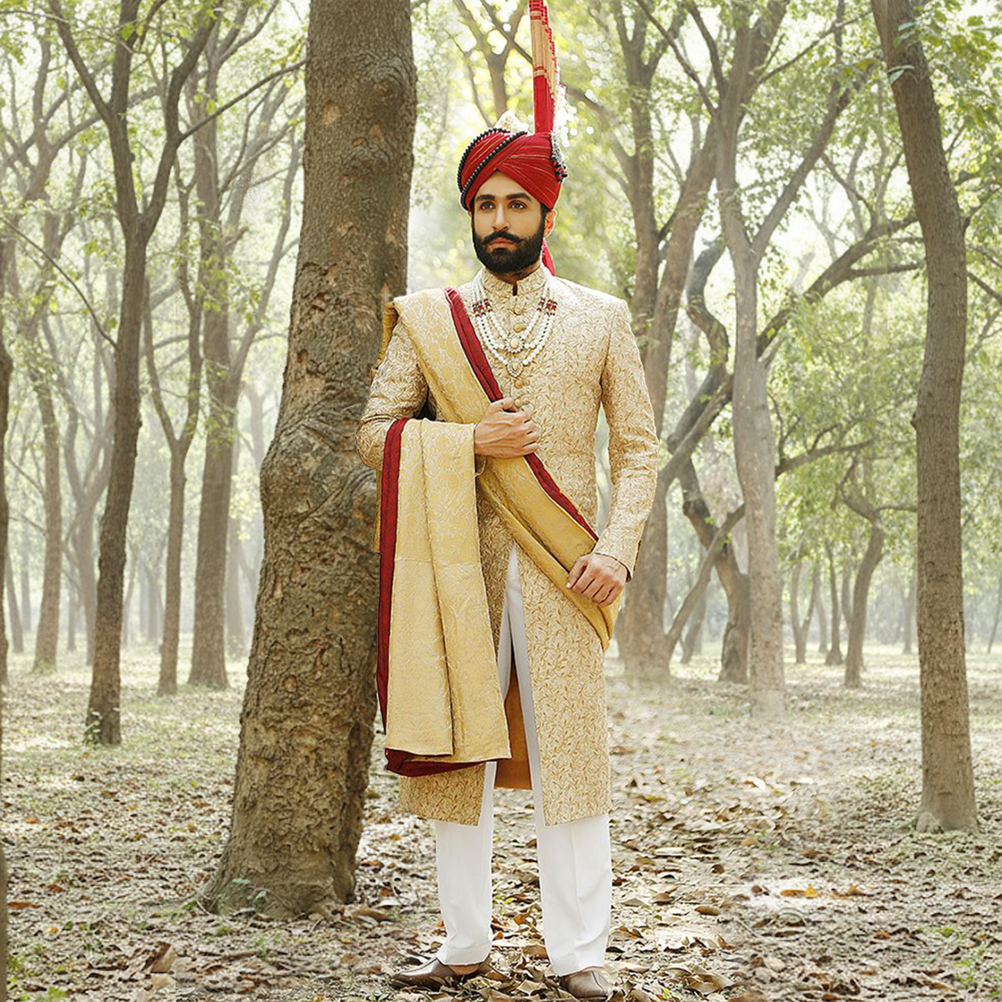 Premium Embroidered Golden Flame Sherwani