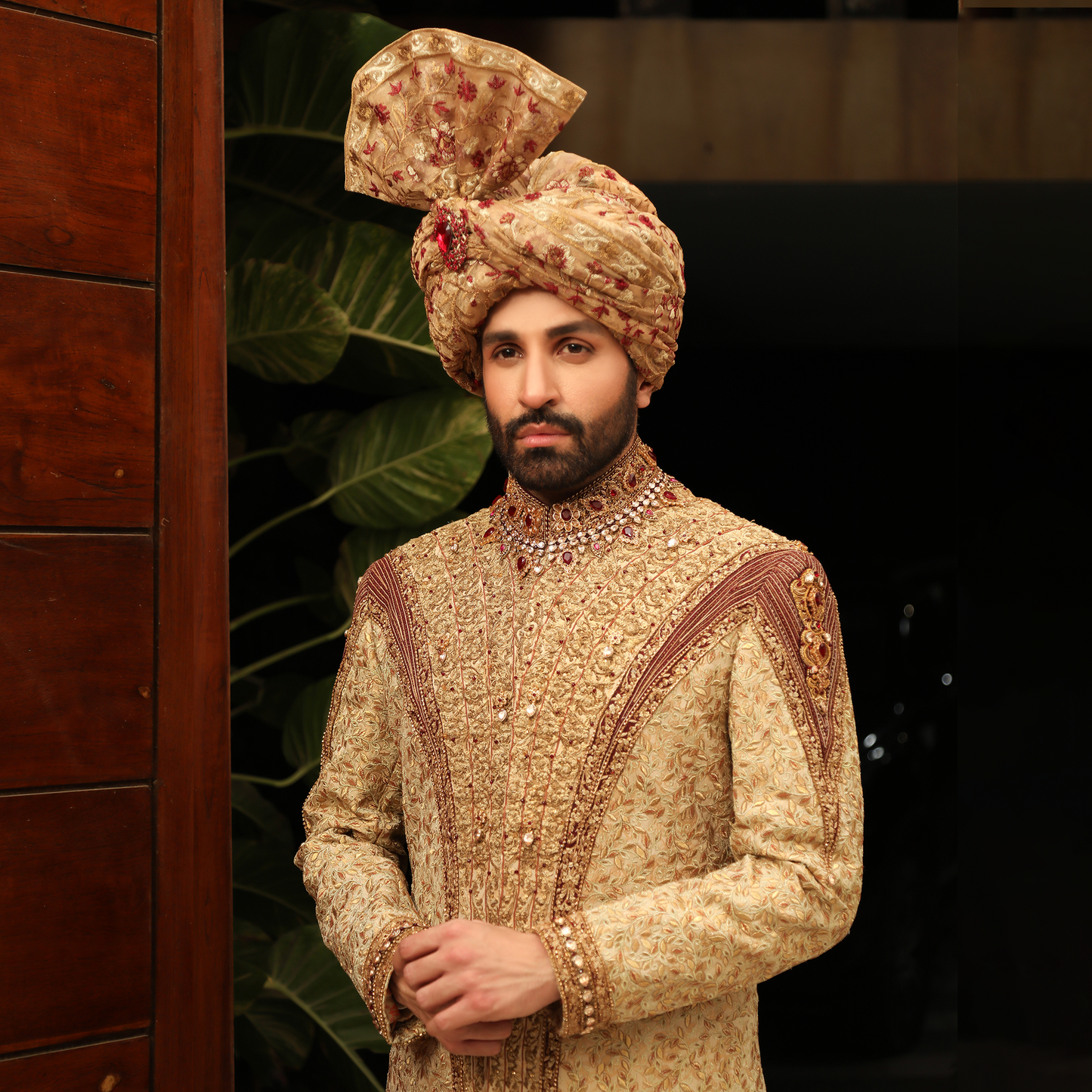 Premium Jamawar Gold Sherwani with Jewel and stone Embellishment