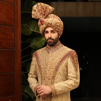 Premium Jamawar Gold Sherwani with Jewel and stone Embellishment