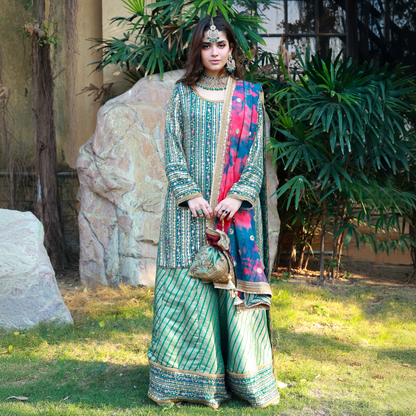 CHIKANKARI TURQUOISE CHIFFON 3 PC SUIT