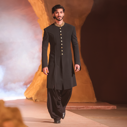 Black Jamawar Eight-Paneled Sherwani with Hand-Embroidered Collar