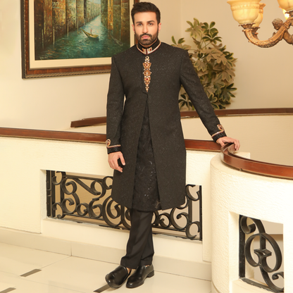 Premium Tilla Textured Black Sherwani