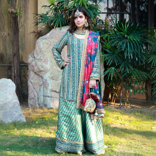CHIKANKARI TURQUOISE CHIFFON 3 PC SUIT