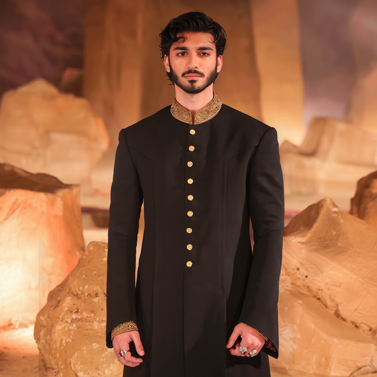 Black Jamawar Eight-Paneled Sherwani with Hand-Embroidered Collar