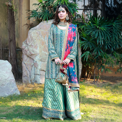 CHIKANKARI TURQUOISE CHIFFON 3 PC SUIT