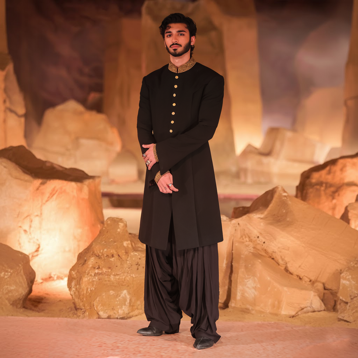 Black Jamawar Eight-Paneled Sherwani with Hand-Embroidered Collar