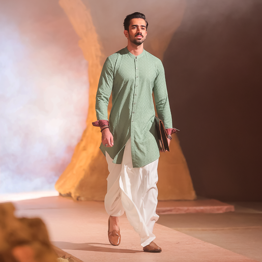 Sage Green Chikankari Cotton Front-Open Kurta with White Dhoti