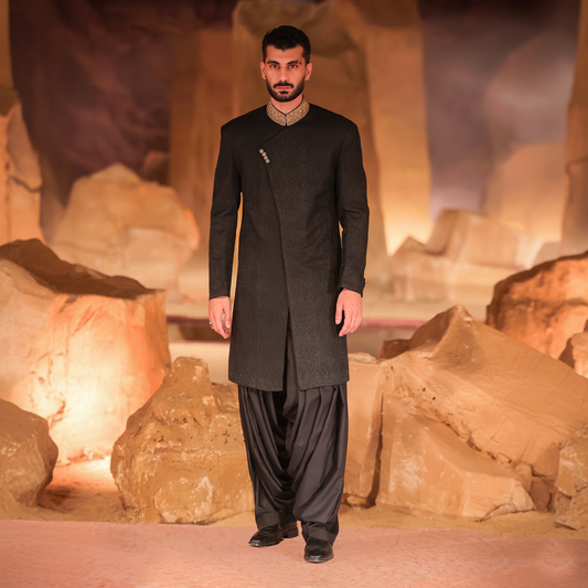 Black Jamawar Angarkha Sherwani with Hand Embroidered Collar