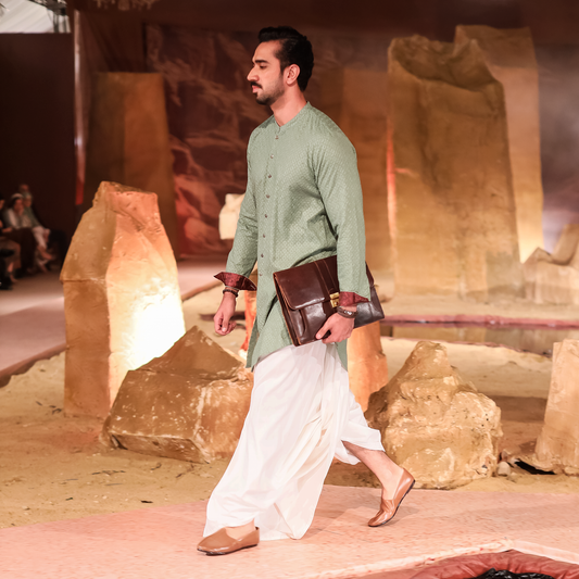 Sage Green Chikankari Cotton Front-Open Kurta with White Dhoti