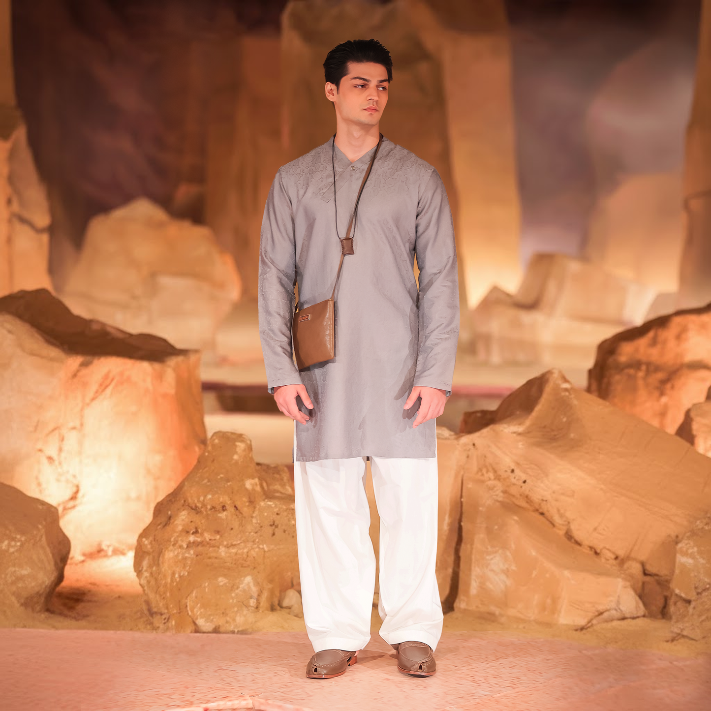 Silver Grey Jamawar Mid-Length Kurta