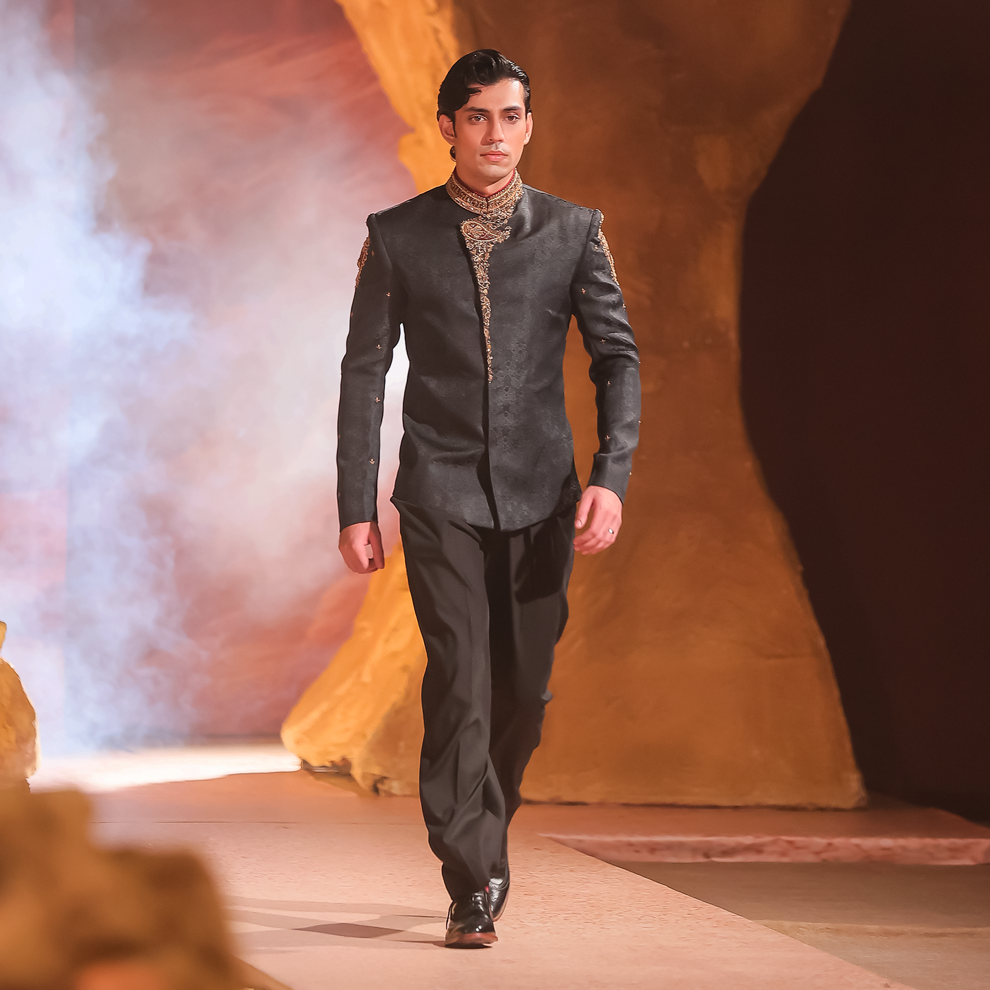 Black Jamawar Angarkha Prince Jacket with Hand Embroidery