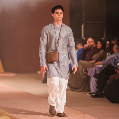 Silver Grey Jamawar Mid-Length Kurta