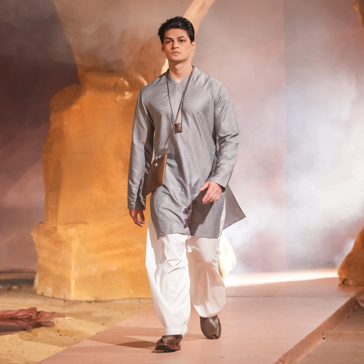 Silver Grey Jamawar Mid-Length Kurta