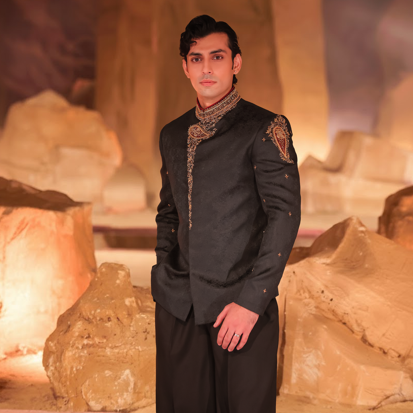 Black Jamawar Angarkha Prince Jacket with Hand Embroidery