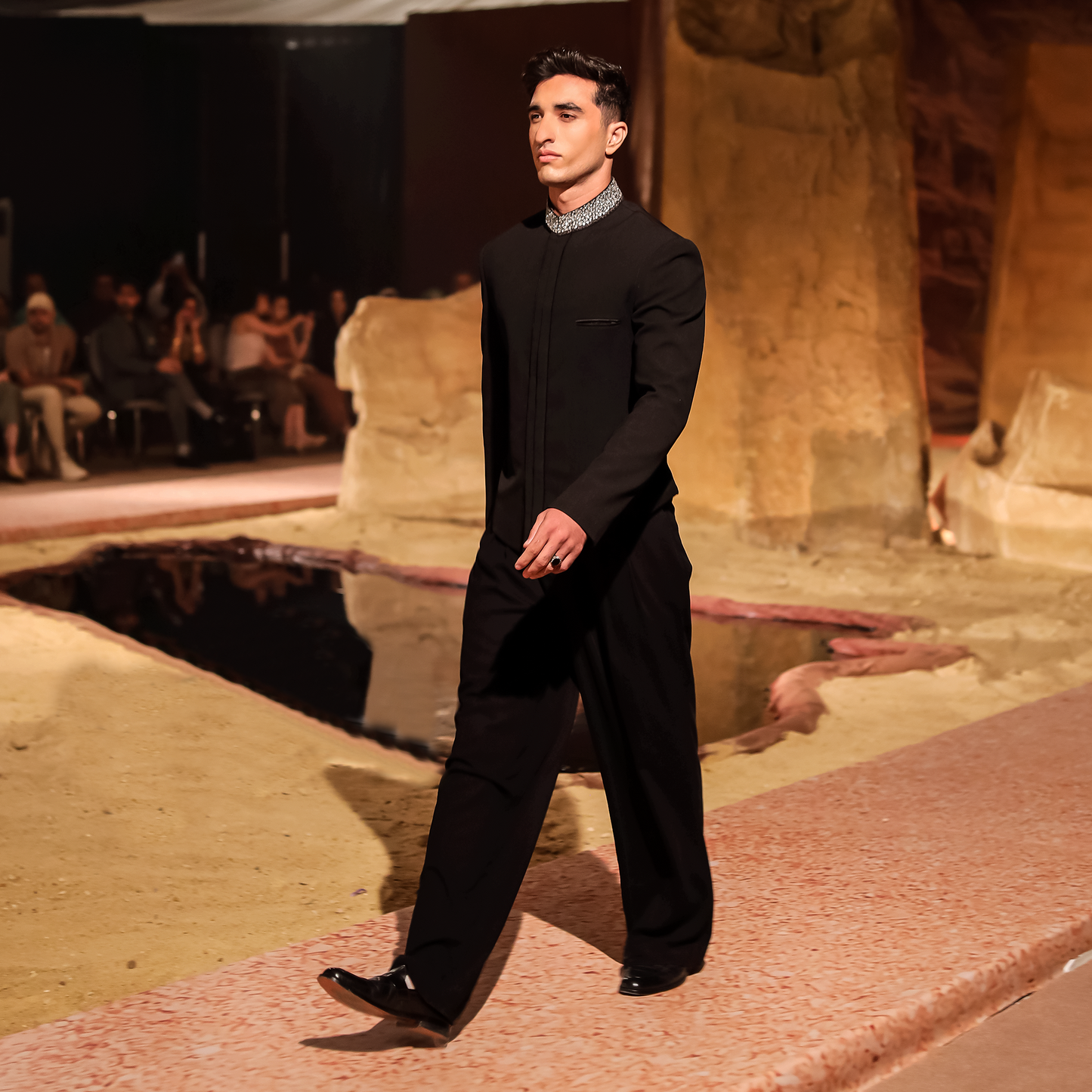 Jet Black Georgette Swarovski-Embellished Jacket with Wide-Leg Pants