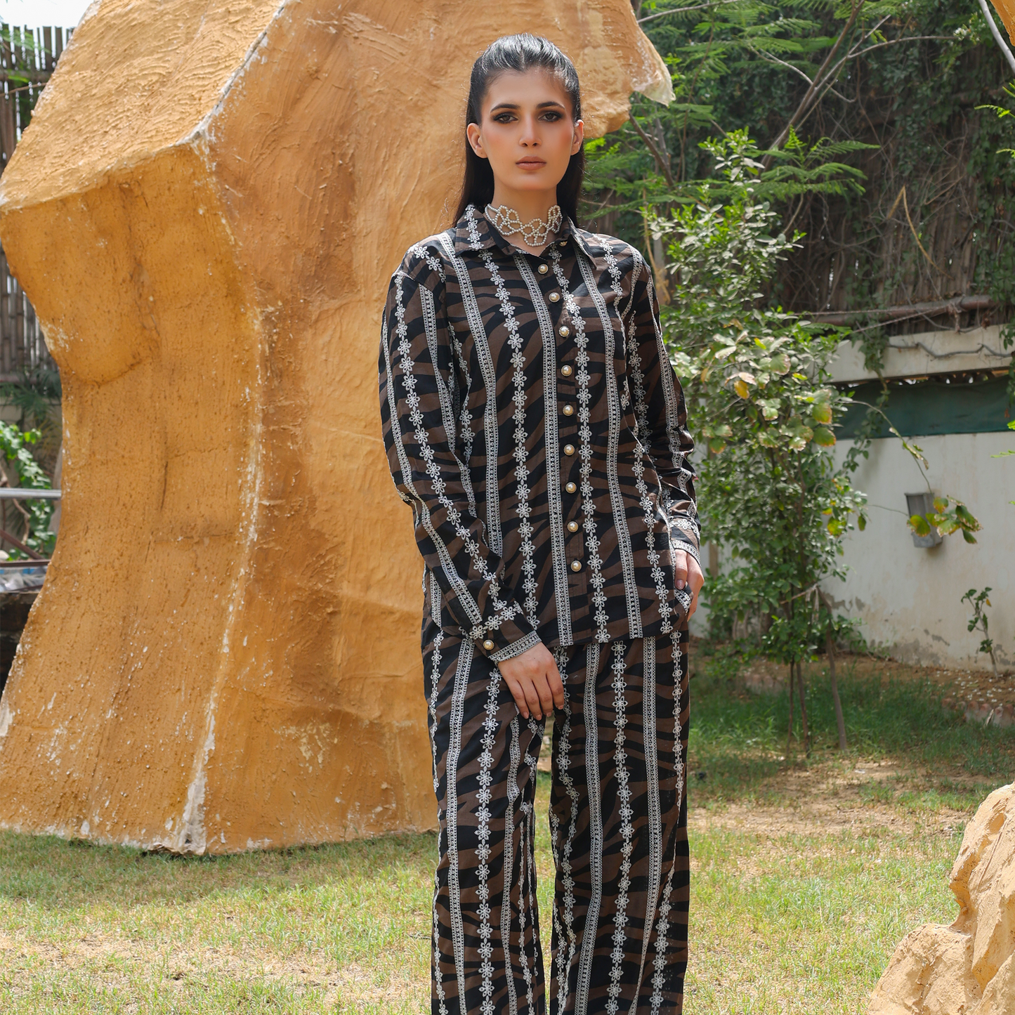 COTTON CHIKAN BLACK/BROWN 2 PC CO-ORD SET