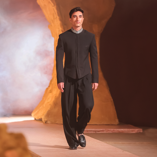 Jet Black Georgette Swarovski-Embellished Jacket with Wide-Leg Pants