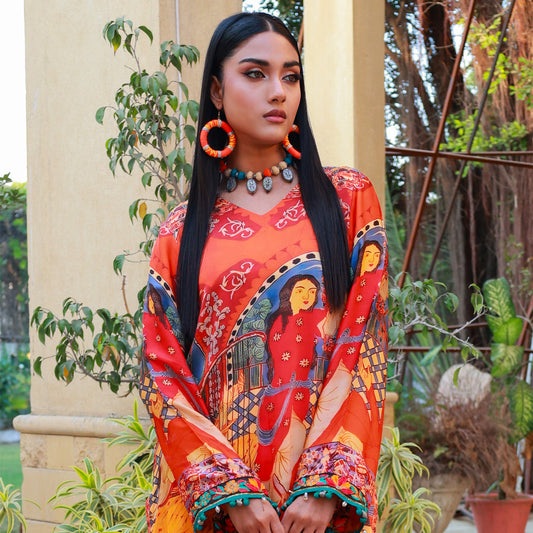 OPULENT SILK ORANGE/MULTI DIGITAL PRINT 2PC