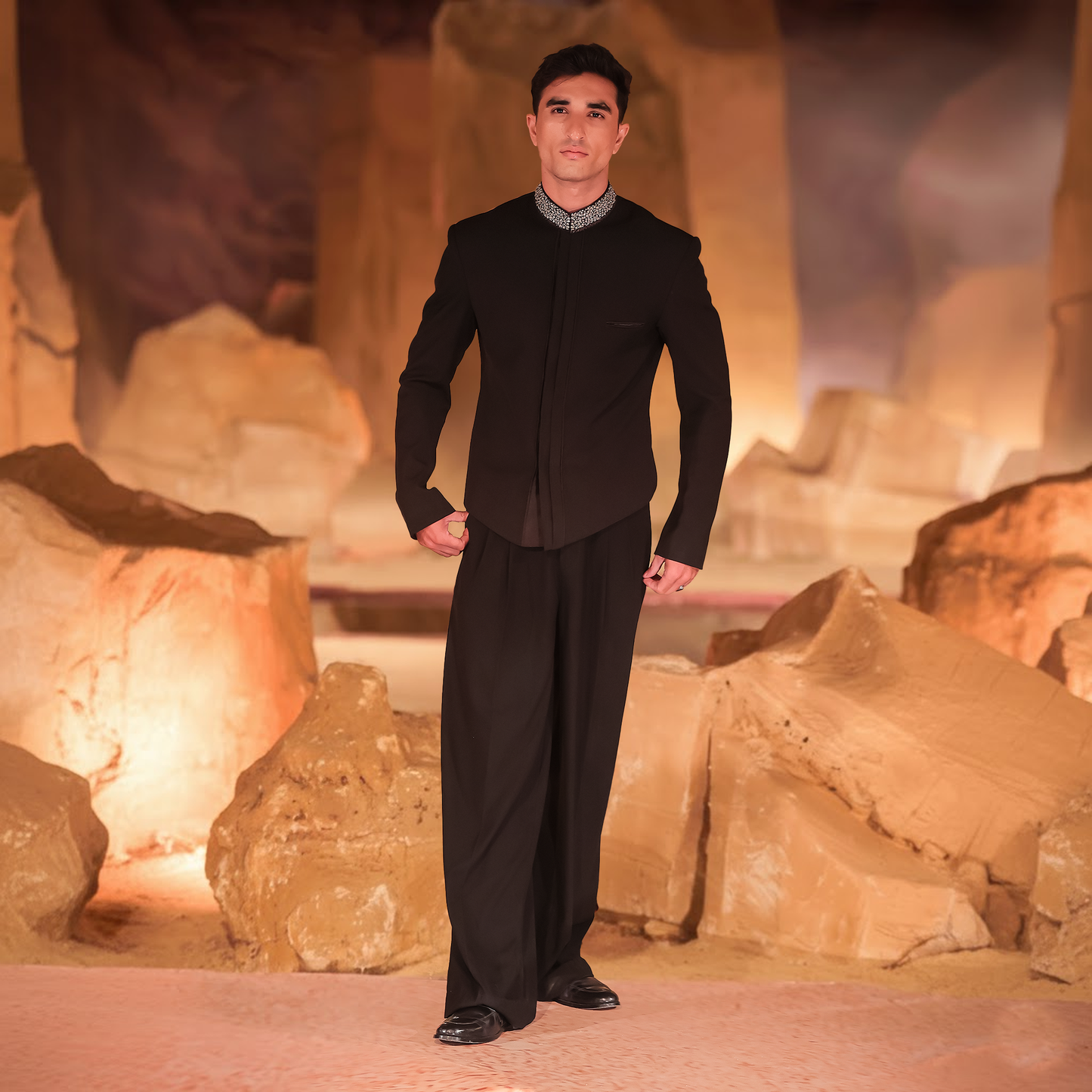 Jet Black Georgette Swarovski-Embellished Jacket with Wide-Leg Pants