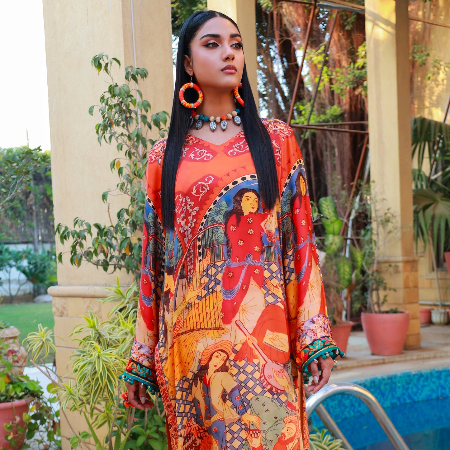 OPULENT SILK ORANGE/MULTI DIGITAL PRINT 2PC