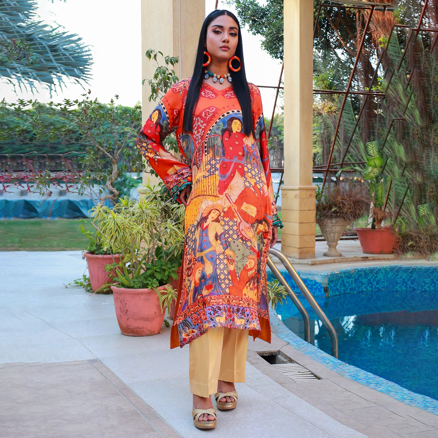 OPULENT SILK ORANGE/MULTI DIGITAL PRINT 2PC