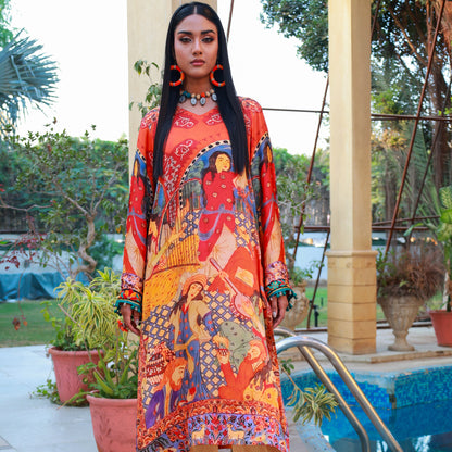 OPULENT SILK ORANGE/MULTI DIGITAL PRINT 2PC