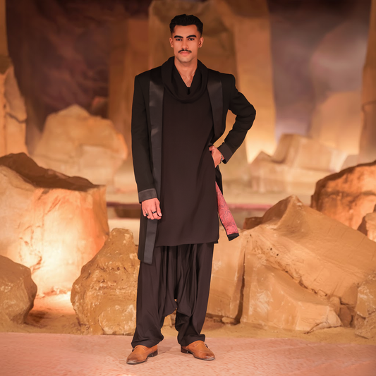 Black Linen Cowl Neck Shalwar Kameez with Front Open Sherwani