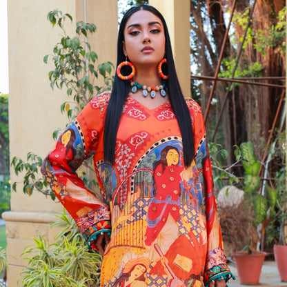 OPULENT SILK ORANGE/MULTI DIGITAL PRINT 2PC