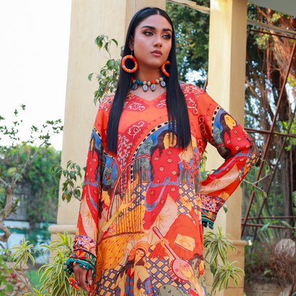 OPULENT SILK ORANGE/MULTI DIGITAL PRINT 2PC