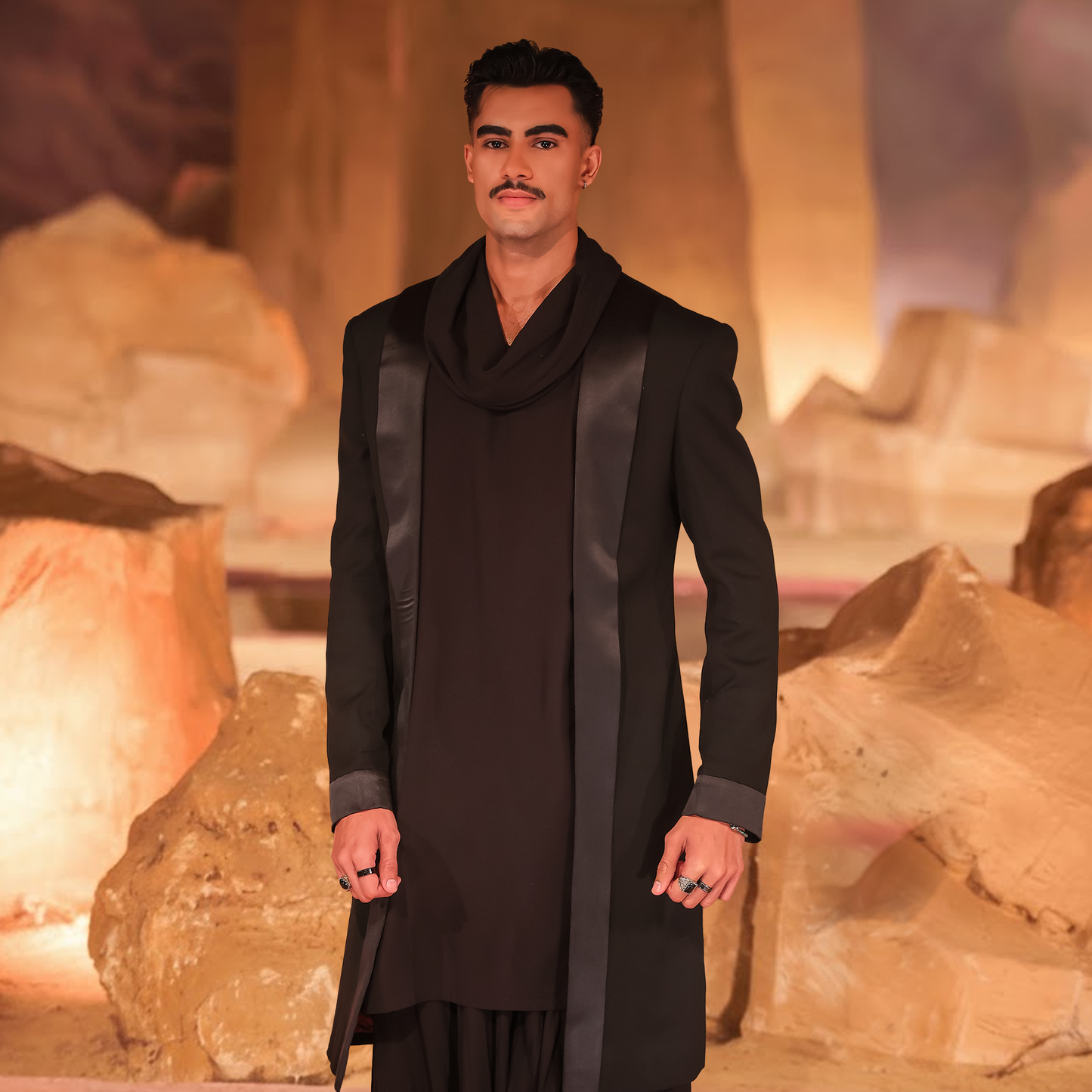 Black Linen Cowl Neck Shalwar Kameez with Front Open Sherwani