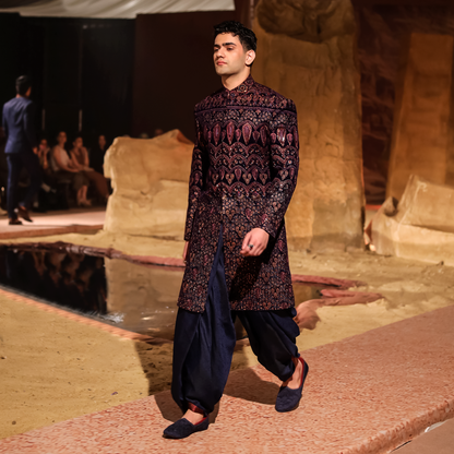 Dark Teal Velvet Embroidered Sherwani